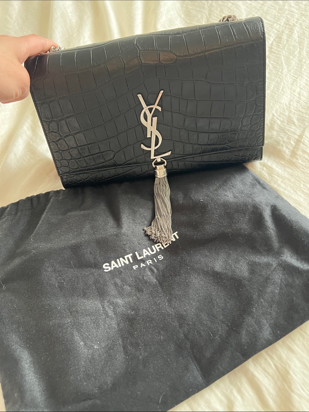 Saint Laurent Black Croc-Embossed Monogram Tassel Shoulder Bag